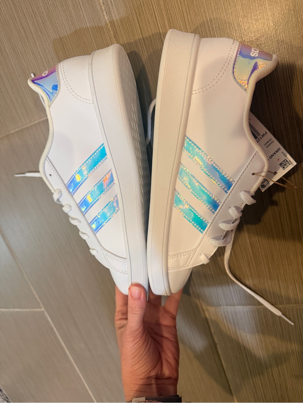 Kids White Sneakers with Iridescent Stripes